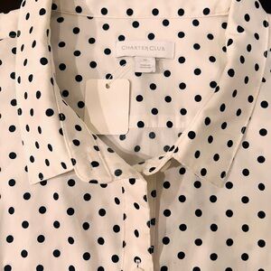 Vintage Charter Club Women’s White and Black Polka Dot Shirt